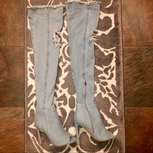 Denim Peep Toe Over The Knee Boots